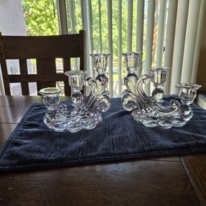 Elegant  "Caprice" Cambridge Glass Cascading Swirl 3 Lite Candle Holder Pair